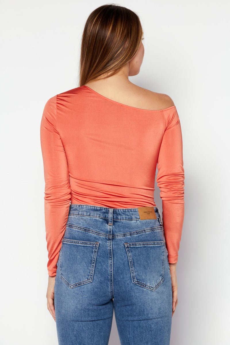 trendyol Women Cut Out Ruched Long Sleeve Bodysuit, Orange - Image 2