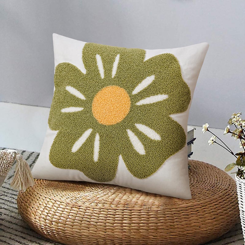 Merrycolor Embroidered Pillow Covers 18x18 Spring Green Sunflower Flower Pattern Boho Decorative Throw Pillow Covers Comfortable Cotton Canvas Square Couch Cushion Cases for Sofa Bed Living Room Decor - Image 1