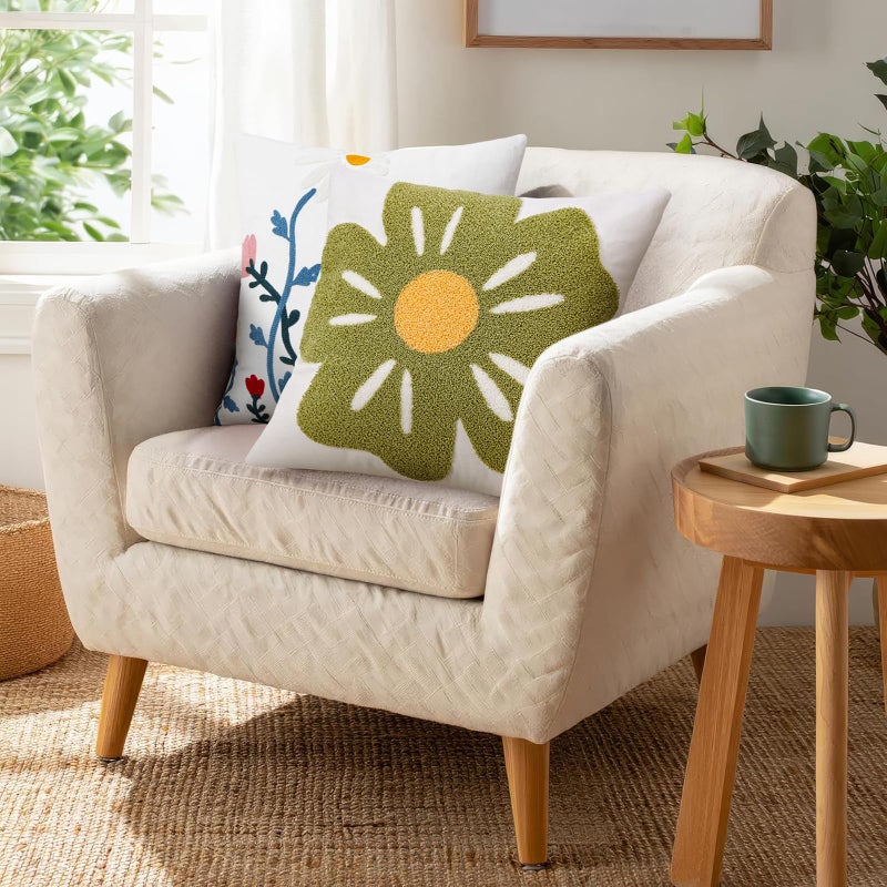 Merrycolor Embroidered Pillow Covers 18x18 Spring Green Sunflower Flower Pattern Boho Decorative Throw Pillow Covers Comfortable Cotton Canvas Square Couch Cushion Cases for Sofa Bed Living Room Decor - Image 5