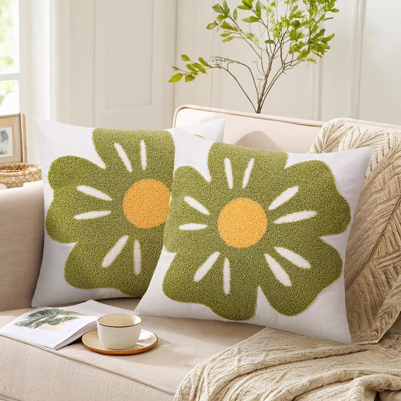 Merrycolor Embroidered Pillow Covers 18x18 Spring Green Sunflower Flower Pattern Boho Decorative Throw Pillow Covers Comfortable Cotton Canvas Square Couch Cushion Cases for Sofa Bed Living Room Decor - Image 4