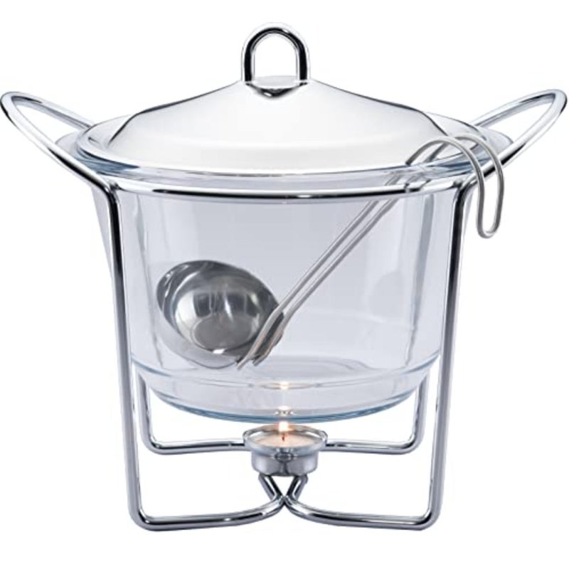 Stainless Steel with Glass Dish Buffet Server Food Warmer Chafing with Ladle for Soup 4-Quart Capacity Stainless Steel Server and Ladle, European Oven to Table Glass - Image 1
