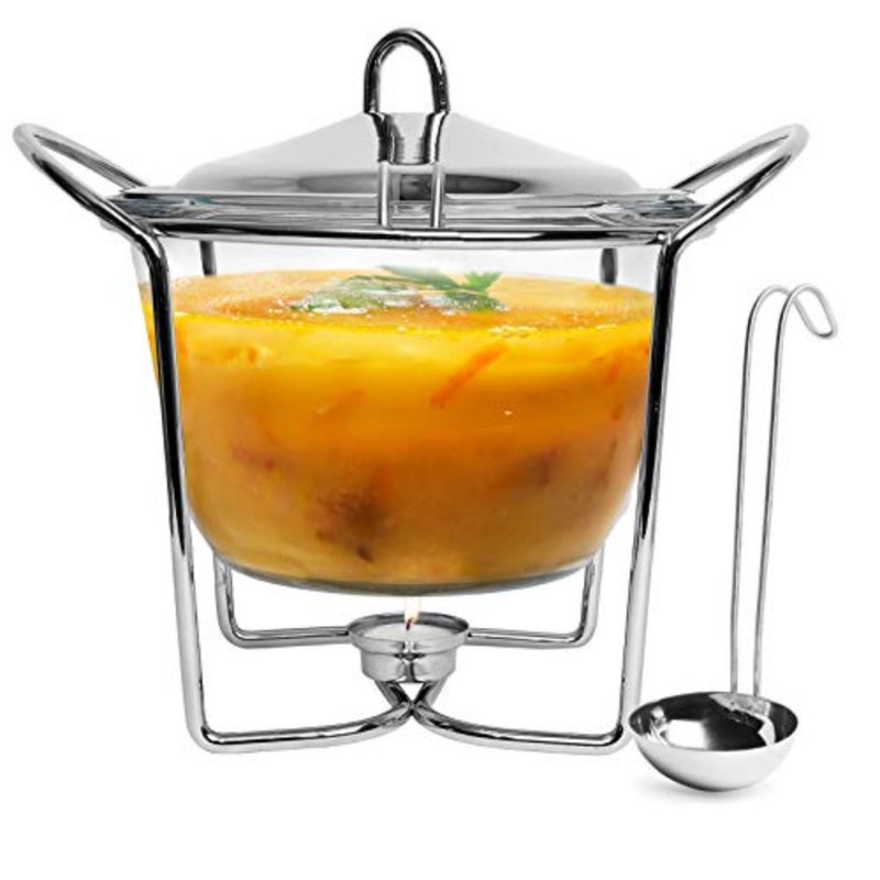 Stainless Steel with Glass Dish Buffet Server Food Warmer Chafing with Ladle for Soup 4-Quart Capacity Stainless Steel Server and Ladle, European Oven to Table Glass - Image 2
