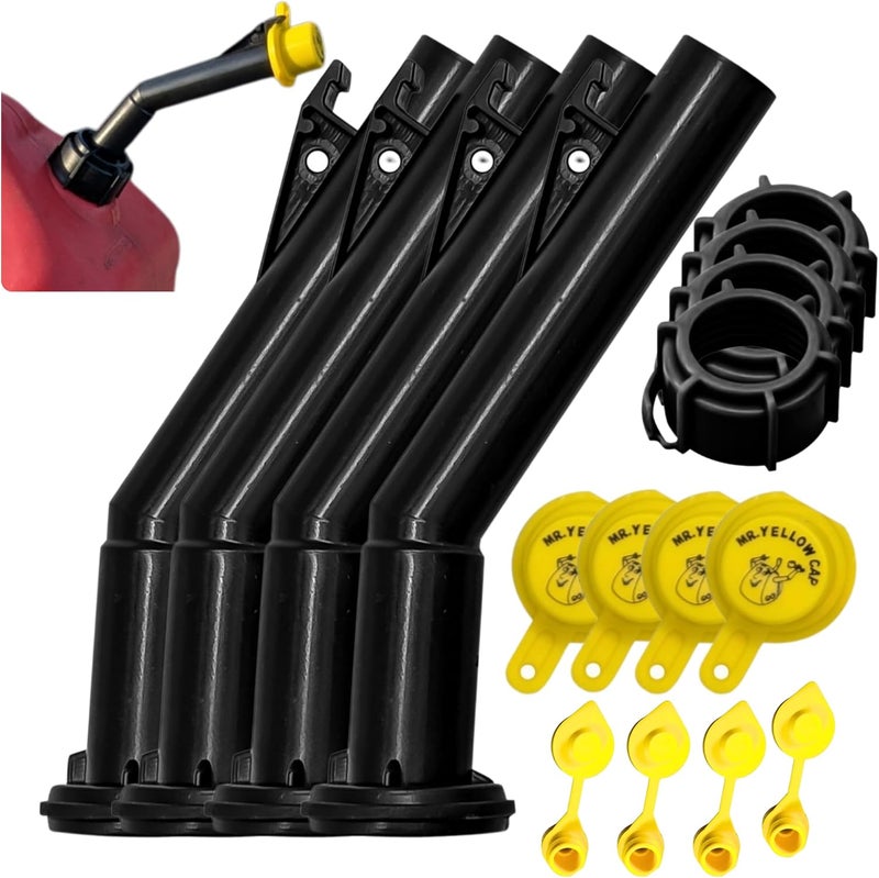 Mr. Yellow Cap Gas Can Spout Replacement Old Style For 𝐎𝐥𝐝 𝐒𝐭𝐲𝐥𝐞 𝐁𝐥𝐢𝐭𝐳 𝐂𝐨𝐧𝐭𝐚𝐢𝐧𝐞𝐫𝐬 𝐎𝐍𝐋𝐘 - 4 Can Nozzle Replacement, 4 Thread Rings, 4 Gas Caps, & 4 Gas Vents - Image 1