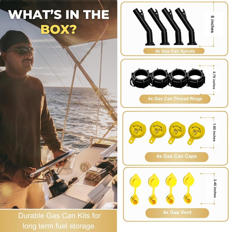 Mr. Yellow Cap Gas Can Spout Replacement Old Style For 𝐎𝐥𝐝 𝐒𝐭𝐲𝐥𝐞 𝐁𝐥𝐢𝐭𝐳 𝐂𝐨𝐧𝐭𝐚𝐢𝐧𝐞𝐫𝐬 𝐎𝐍𝐋𝐘 - 4 Can Nozzle Replacement, 4 Thread Rings, 4 Gas Caps, & 4 Gas Vents - Image 2