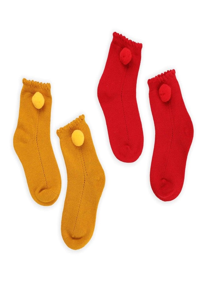 Kicks & Crawl Red & Yellow Pom Pom Socks For Baby Pack Of 2 (0-6 Month) - Image 1