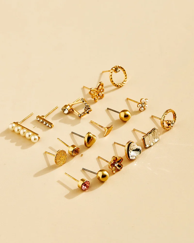 REDTAG Women Gold Embellished Studs Set Of 30