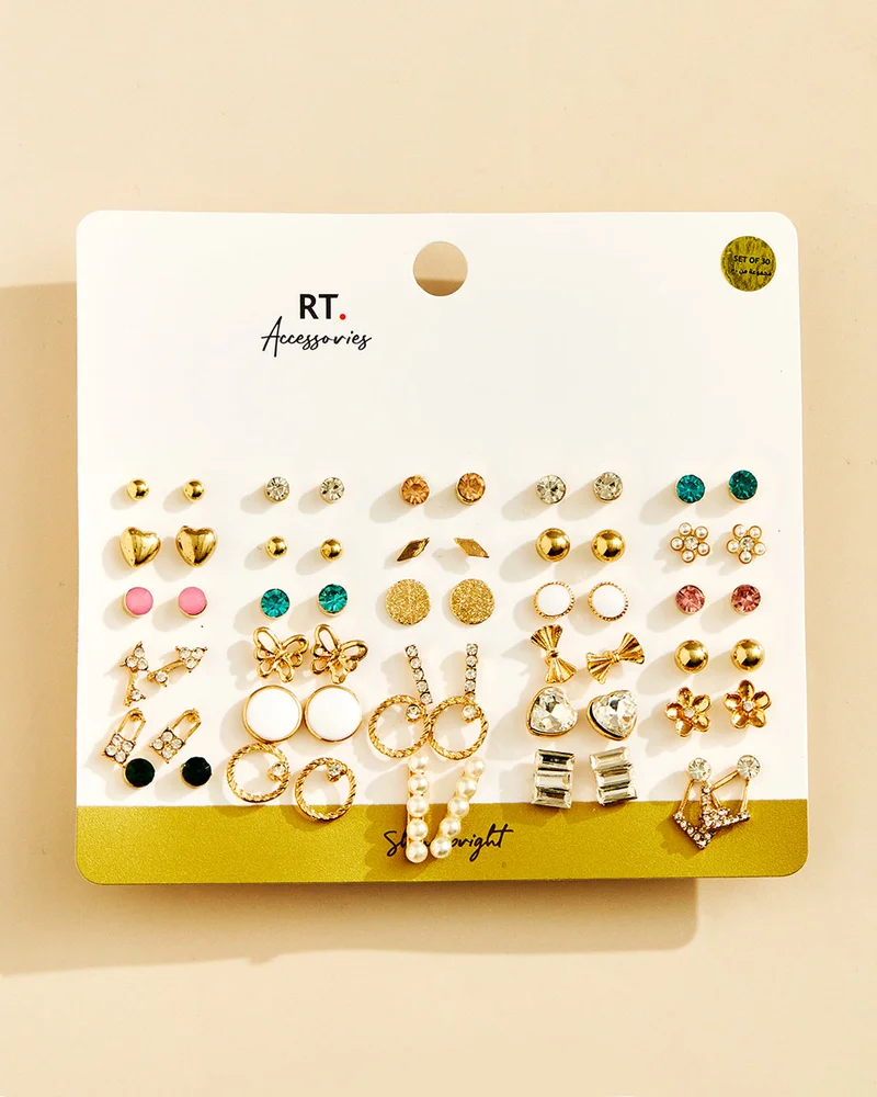 REDTAG Women Gold Embellished Studs Set Of 30