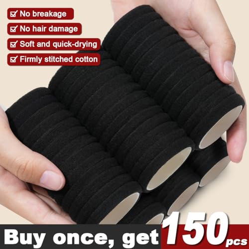 IKOCO 150PCS Hair Ties, IKOCO Black Hair Ties for Women No Damage, Cotton Seamless Ponytail Holders for Thick Hair - Image 2