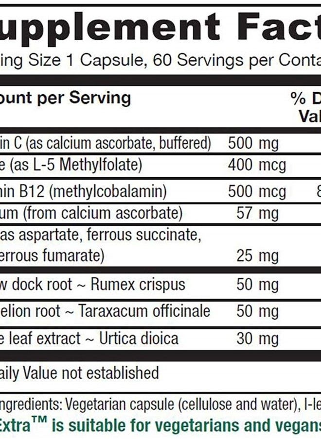 Vitanica Iron Extra, Iron Supplement Enhanced Absorption with Vitamin C 500mg, Methylfolate 400mcg, B12 Vitamin 500mcg, Calcium, Yellow Dock, Dandelion Root & Nettle Leaf Extract, Vegan, 60 Capsules  - Image 2