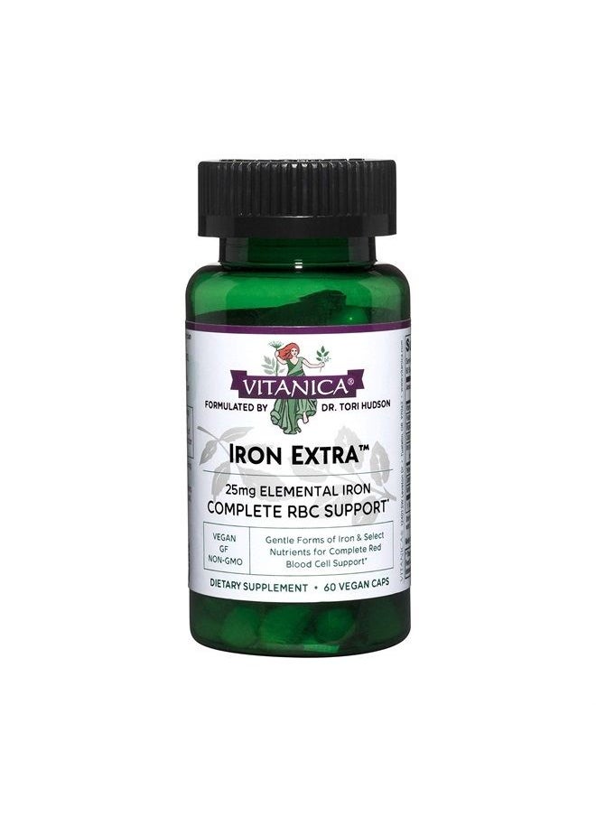 Vitanica Iron Extra, Iron Supplement Enhanced Absorption with Vitamin C 500mg, Methylfolate 400mcg, B12 Vitamin 500mcg, Calcium, Yellow Dock, Dandelion Root & Nettle Leaf Extract, Vegan, 60 Capsules  - Image 1