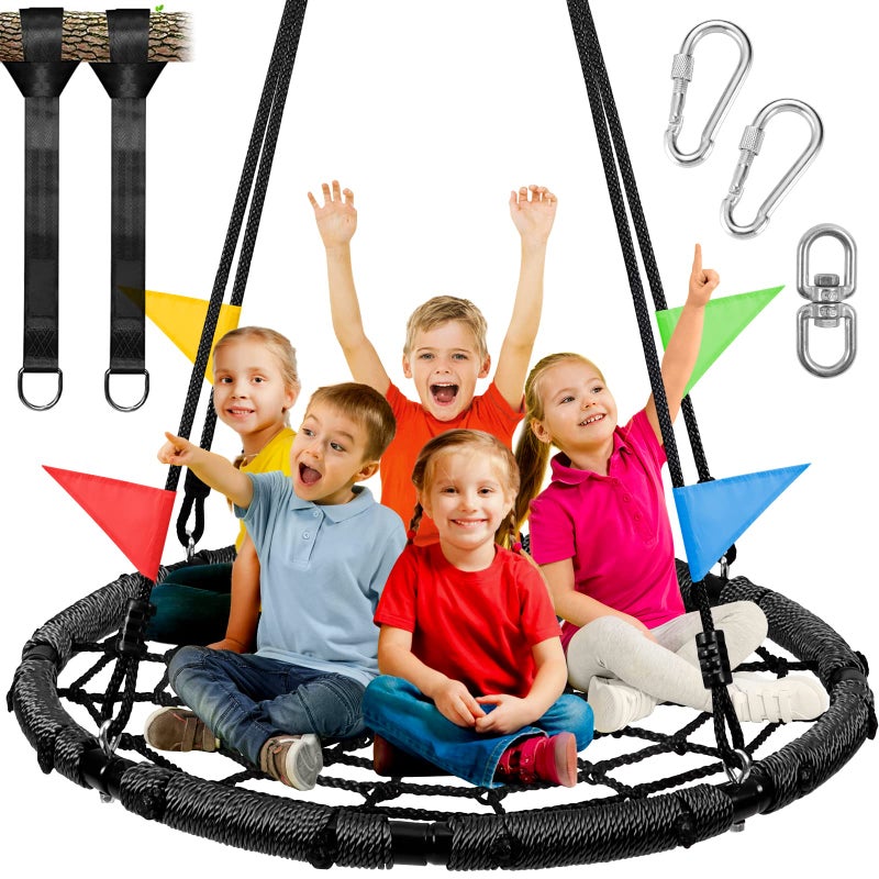 Odoland Spider Web Tree Swing for Kids and Adult, Outdoor Saucer Net Round Swing with Steel Frame and 2 Hanging Straps and Turnbuckle - 43in Large Platform for Backyard Park Travel - Image 1