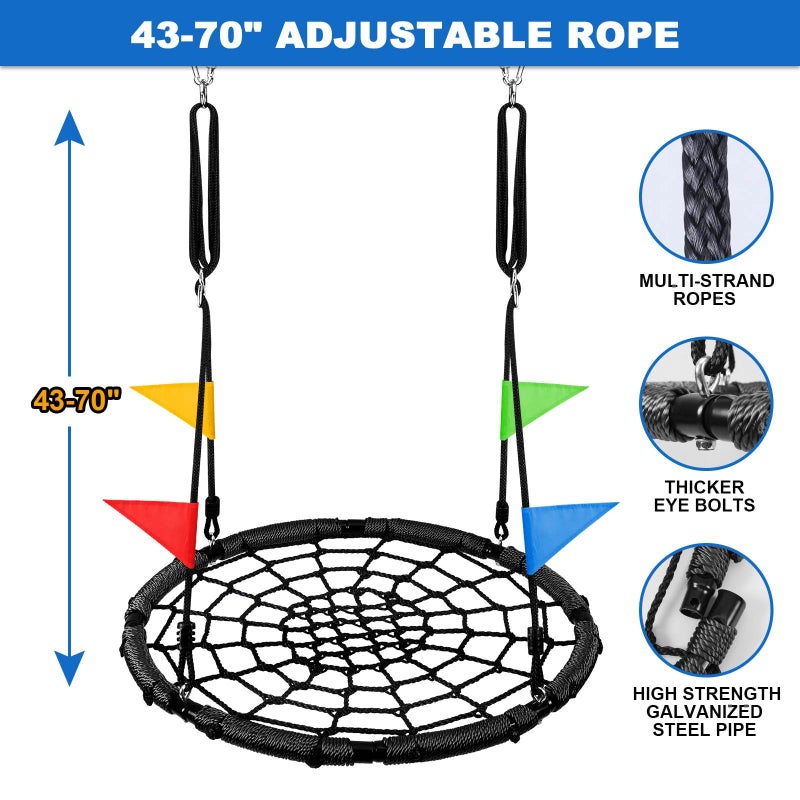 Odoland Spider Web Tree Swing for Kids and Adult, Outdoor Saucer Net Round Swing with Steel Frame and 2 Hanging Straps and Turnbuckle - 43in Large Platform for Backyard Park Travel - Image 3