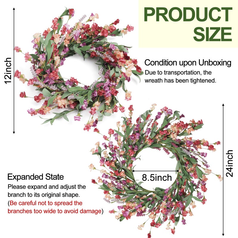 Artgar Front Door Wreath 24 Inch Spring/Summer Wreaths for Front Door, Front Door Wreaths for All Seasons for Indoor Outdoor Home Office Wall Window Wedding Farmhouse Decor (Red&Orange&Purple) - Image 5