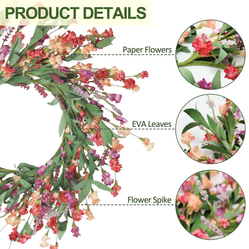 Artgar Front Door Wreath 24 Inch Spring/Summer Wreaths for Front Door, Front Door Wreaths for All Seasons for Indoor Outdoor Home Office Wall Window Wedding Farmhouse Decor (Red&Orange&Purple) - Image 2