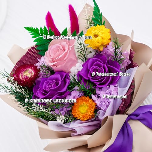 Flomoon Forever Flowers Gifts for Her, Preserved Flowers Bouquet Birthday Gifts for Women, Preserved Roses for Grandma Wife Anniversary Valentine's Day Mother's Day (Purple Paper) - Image 3