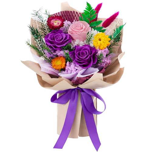 Flomoon Forever Flowers Gifts for Her, Preserved Flowers Bouquet Birthday Gifts for Women, Preserved Roses for Grandma Wife Anniversary Valentine's Day Mother's Day (Purple Paper) - Image 1