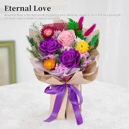 Flomoon Forever Flowers Gifts for Her, Preserved Flowers Bouquet Birthday Gifts for Women, Preserved Roses for Grandma Wife Anniversary Valentine's Day Mother's Day (Purple Paper) - Image 5