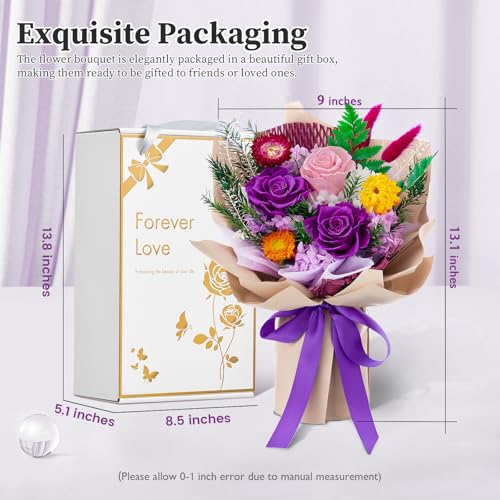 Flomoon Forever Flowers Gifts for Her, Preserved Flowers Bouquet Birthday Gifts for Women, Preserved Roses for Grandma Wife Anniversary Valentine's Day Mother's Day (Purple Paper) - Image 2