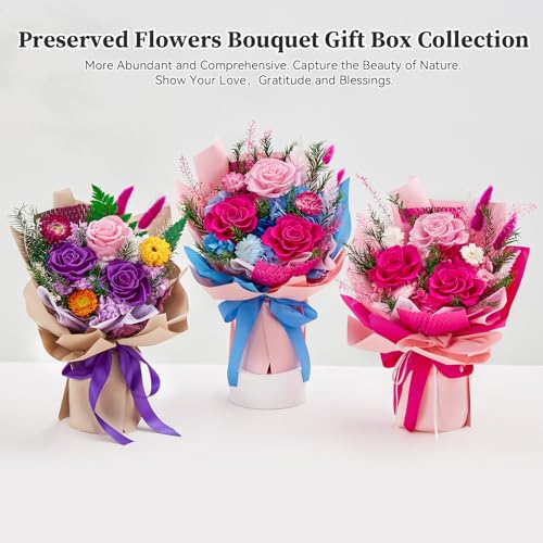 Flomoon Forever Flowers Gifts for Her, Preserved Flowers Bouquet Birthday Gifts for Women, Preserved Roses for Grandma Wife Anniversary Valentine's Day Mother's Day (Purple Paper) - Image 4