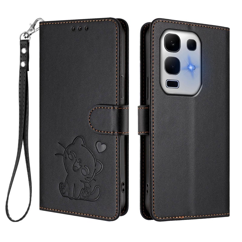 إيروريكس جراب هاتف من الجلد المنقوش على شكل قطة لهاتف Infinix Note 50X 5G مع حزام يد (أسود) - Image 2