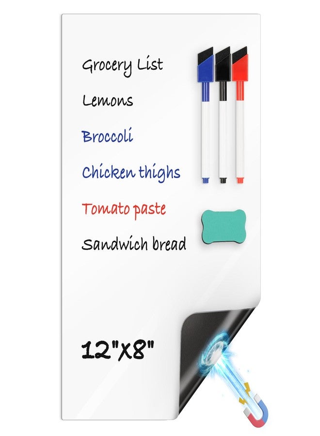 WALGLASS Magnetic Dry Erase Whiteboard for Fridge, 12"x8" Small White Board for Refrigerator, Grocery List & Meal Planner Kitchen Organizer with Stain Resistant Technology, Includes 3 Markers & Eraser
