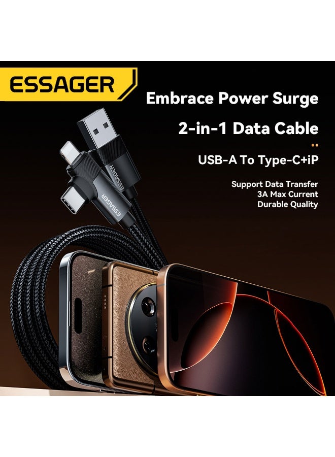 ايساجر كابل Essager 3A USB-A إلى كابل مزدوج (USB-C + Lightning) 65 واط - شحن سريع ومزامنة بيانات - نايلون مضفر 1 متر - Image 4
