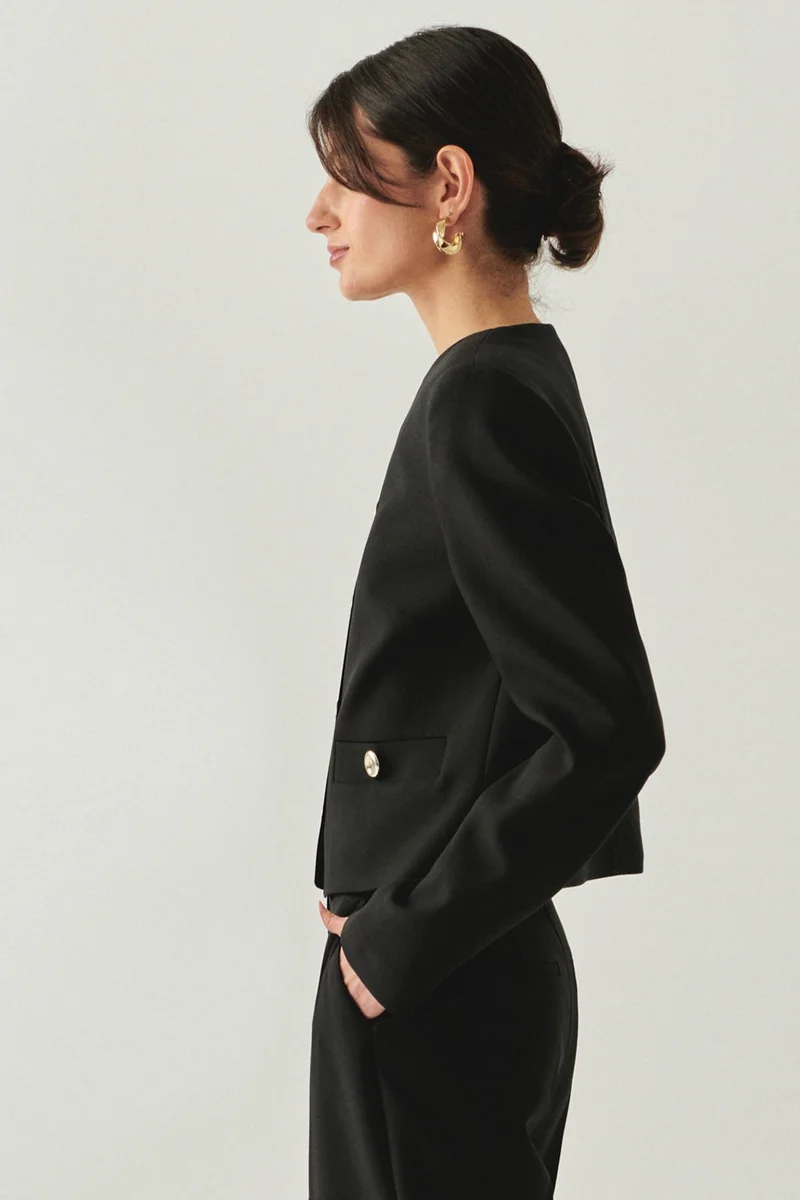 EXQUISE Padded, Gold Buttoned, Long-Sleeved, Short Regular Black Jacket