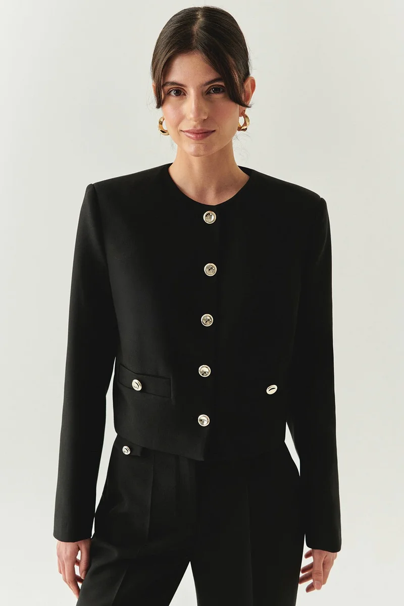EXQUISE Padded, Gold Buttoned, Long-Sleeved, Short Regular Black Jacket