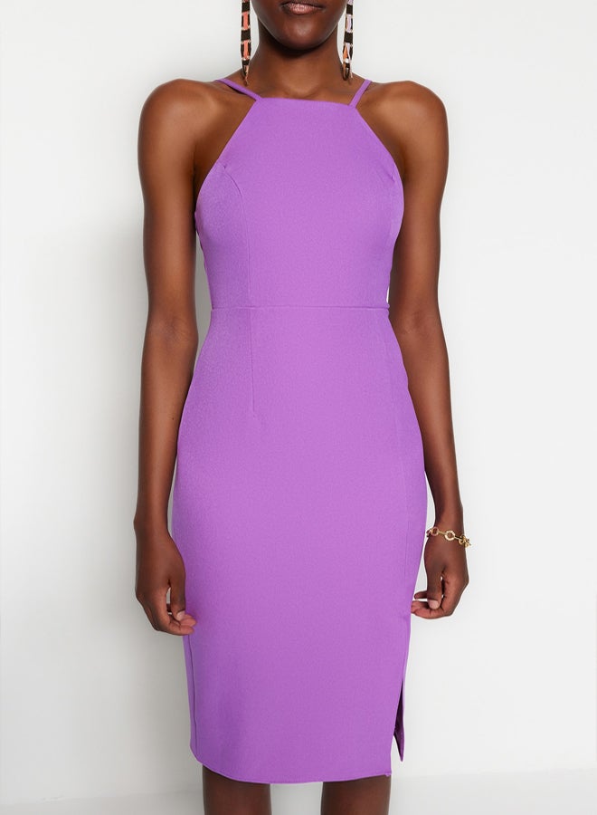 trendyol Purple Bodycon Slit Halter Neck Midi Pencil Skirt Woven Dress - Image 4