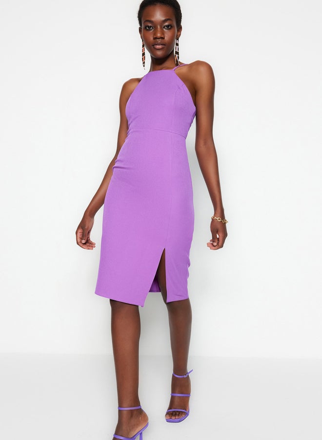 trendyol Purple Bodycon Slit Halter Neck Midi Pencil Skirt Woven Dress - Image 2
