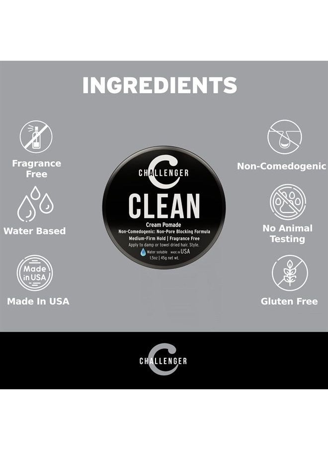 Challenger - Men's Clean Cream Pomade, 1.5 Ounce | Fragrance Free, Non-Comedogenic Hair Styling Product | Medium Firm Hold & Natural Finish | Shine Free, Unscented, Water Based & Travel Friendly - Image 1