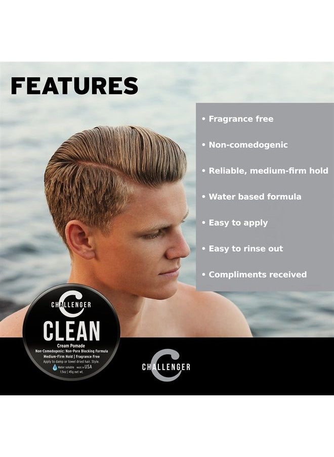 Challenger - Men's Clean Cream Pomade, 1.5 Ounce | Fragrance Free, Non-Comedogenic Hair Styling Product | Medium Firm Hold & Natural Finish | Shine Free, Unscented, Water Based & Travel Friendly - Image 1