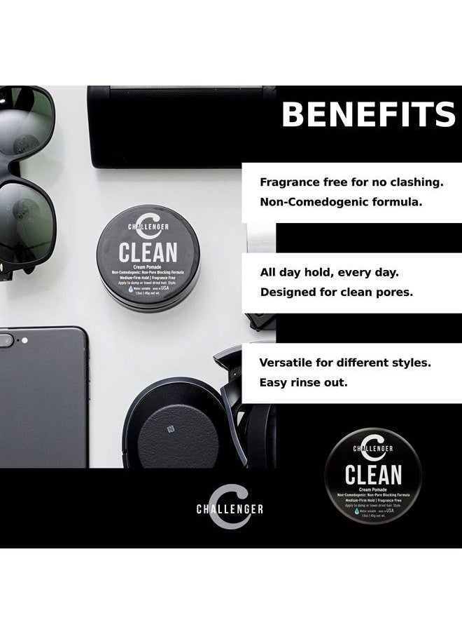 Challenger - Men's Clean Cream Pomade, 1.5 Ounce | Fragrance Free, Non-Comedogenic Hair Styling Product | Medium Firm Hold & Natural Finish | Shine Free, Unscented, Water Based & Travel Friendly - Image 1