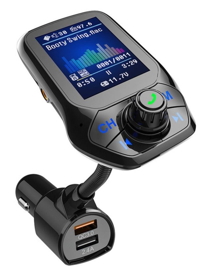 محول راديو لاسلكي بلوتوث للسيارة بشاشة ملونة 1.8 بوصة وبدون استخدام اليدين، مدخل AUX in / Out SD / TF، بطاقة USB وشاحن QC3.0 لجميع مشغلات الصوت في الهواتف الذكية - اللون: أسود - Image 1