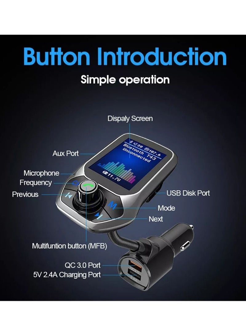 محول راديو لاسلكي بلوتوث للسيارة بشاشة ملونة 1.8 بوصة وبدون استخدام اليدين، مدخل AUX in / Out SD / TF، بطاقة USB وشاحن QC3.0 لجميع مشغلات الصوت في الهواتف الذكية - اللون: أسود - Image 2