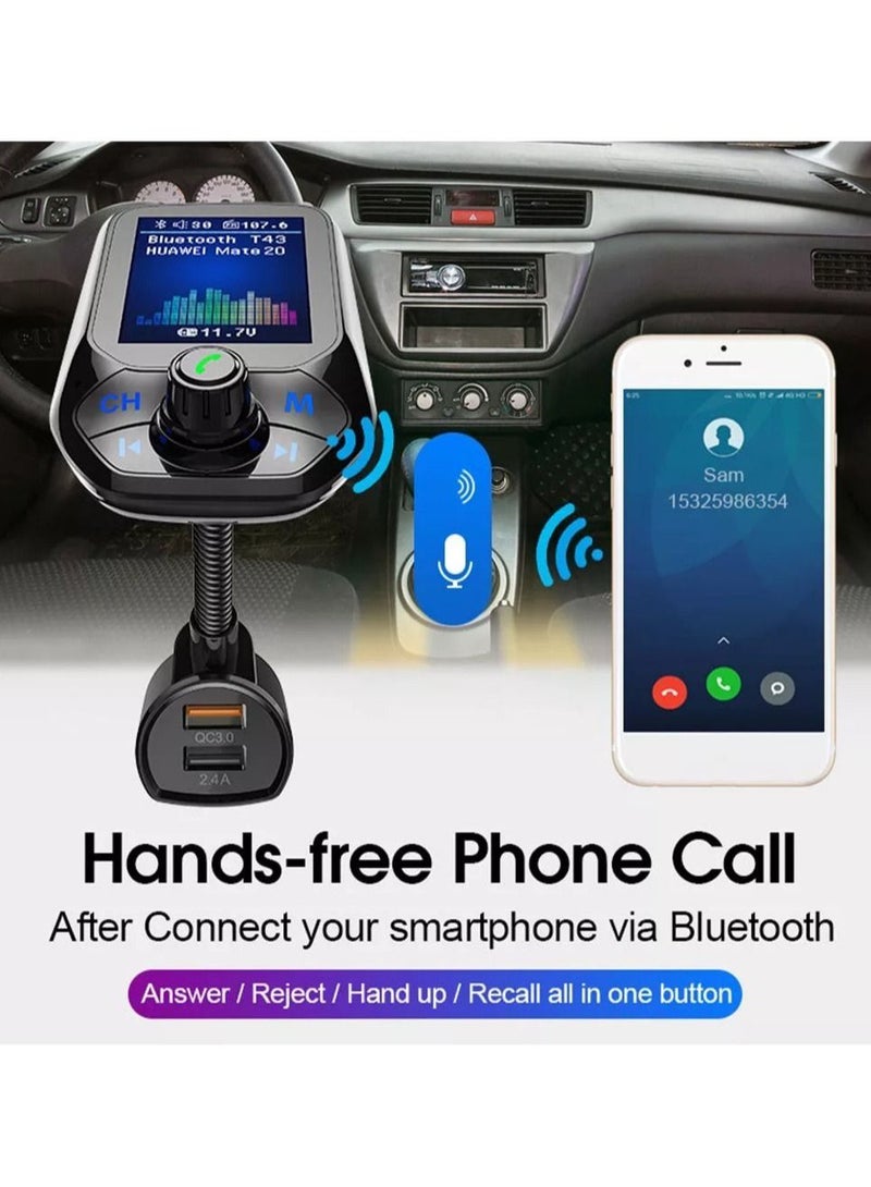محول راديو لاسلكي بلوتوث للسيارة بشاشة ملونة 1.8 بوصة وبدون استخدام اليدين، مدخل AUX in / Out SD / TF، بطاقة USB وشاحن QC3.0 لجميع مشغلات الصوت في الهواتف الذكية - اللون: أسود - Image 4