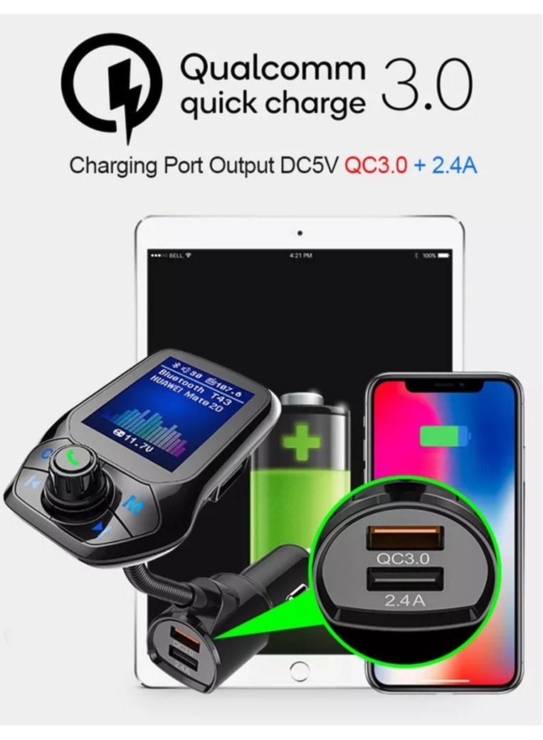 محول راديو لاسلكي بلوتوث للسيارة بشاشة ملونة 1.8 بوصة وبدون استخدام اليدين، مدخل AUX in / Out SD / TF، بطاقة USB وشاحن QC3.0 لجميع مشغلات الصوت في الهواتف الذكية - اللون: أسود - Image 3