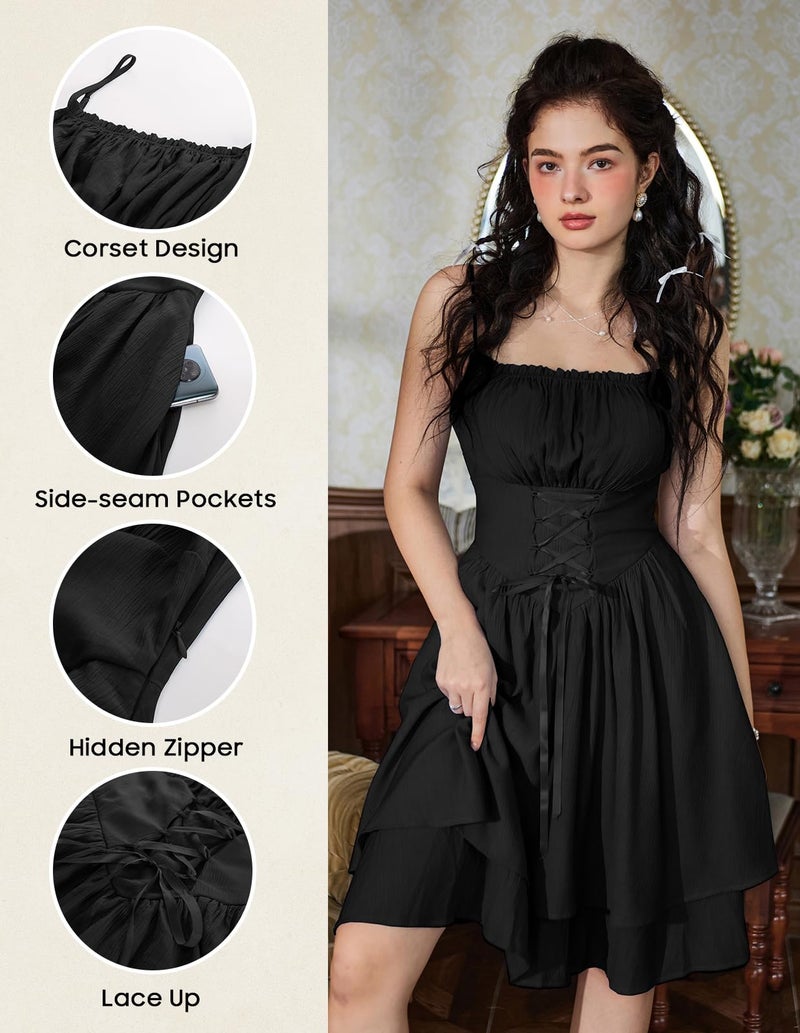 Scarlet Darkness Summer Corset Dress for Women Milkmaid Fairy Dress Coquette Sun Dress Black S - Image 4