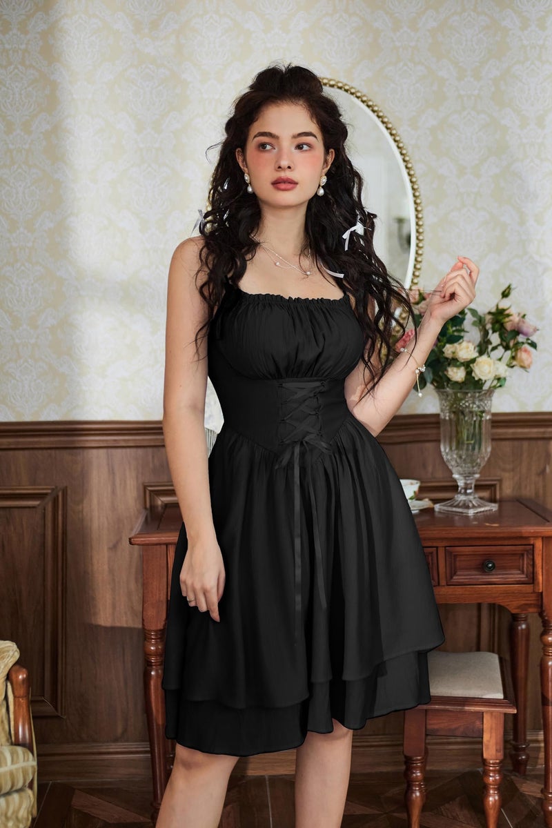 Scarlet Darkness Summer Corset Dress for Women Milkmaid Fairy Dress Coquette Sun Dress Black S - Image 2