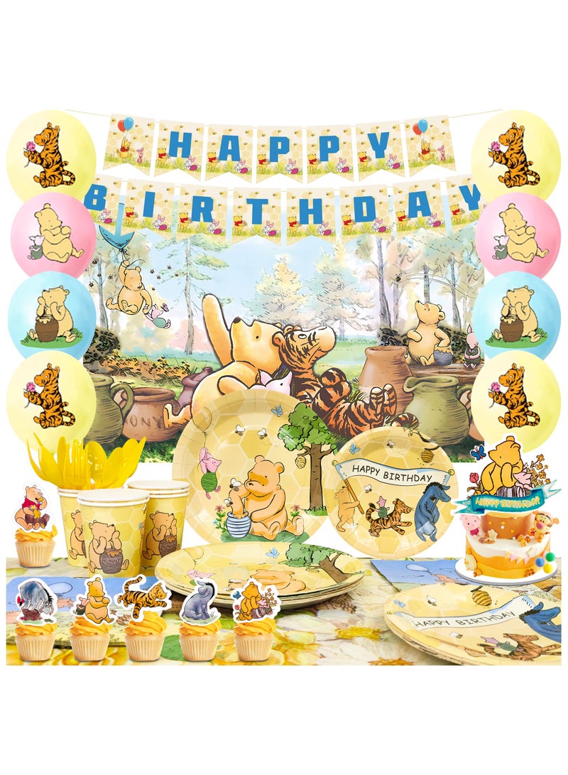حفلة مثمرة 112 قطعة من لوازم حفلات عيد ميلاد ويني ذا بوه، تشمل لافتة عيد ميلاد سعيد وأدوات مائدة يمكن التخلص منها بالونات لاتكس خلفية بالونات مطاطية أطباق مناديل مناديل غطاء كيك وغطاء طاولة وغيرها من زينة حفلات ويني ذا بوو - Image 1