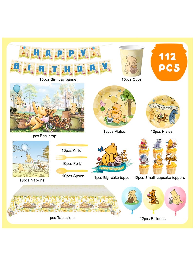 حفلة مثمرة 112 قطعة من لوازم حفلات عيد ميلاد ويني ذا بوه، تشمل لافتة عيد ميلاد سعيد وأدوات مائدة يمكن التخلص منها بالونات لاتكس خلفية بالونات مطاطية أطباق مناديل مناديل غطاء كيك وغطاء طاولة وغيرها من زينة حفلات ويني ذا بوو - Image 2