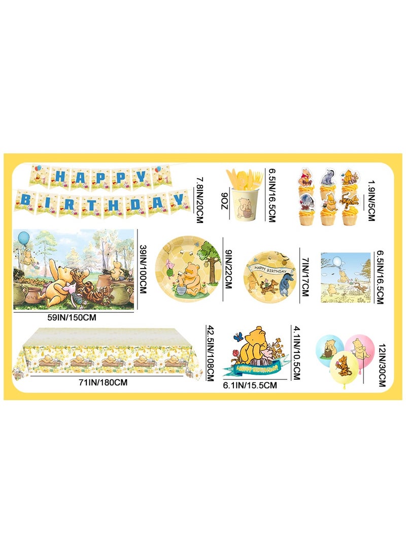 حفلة مثمرة 112 قطعة من لوازم حفلات عيد ميلاد ويني ذا بوه، تشمل لافتة عيد ميلاد سعيد وأدوات مائدة يمكن التخلص منها بالونات لاتكس خلفية بالونات مطاطية أطباق مناديل مناديل غطاء كيك وغطاء طاولة وغيرها من زينة حفلات ويني ذا بوو - Image 3