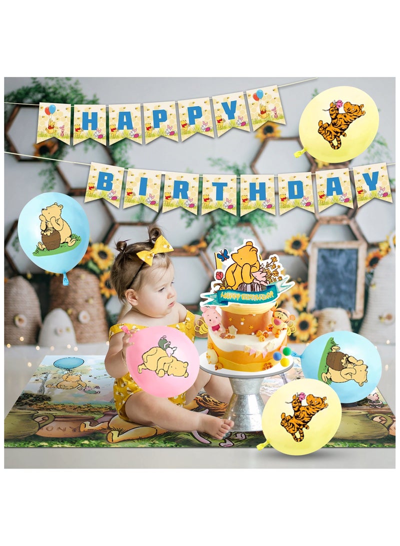 حفلة مثمرة 112 قطعة من لوازم حفلات عيد ميلاد ويني ذا بوه، تشمل لافتة عيد ميلاد سعيد وأدوات مائدة يمكن التخلص منها بالونات لاتكس خلفية بالونات مطاطية أطباق مناديل مناديل غطاء كيك وغطاء طاولة وغيرها من زينة حفلات ويني ذا بوو - Image 4