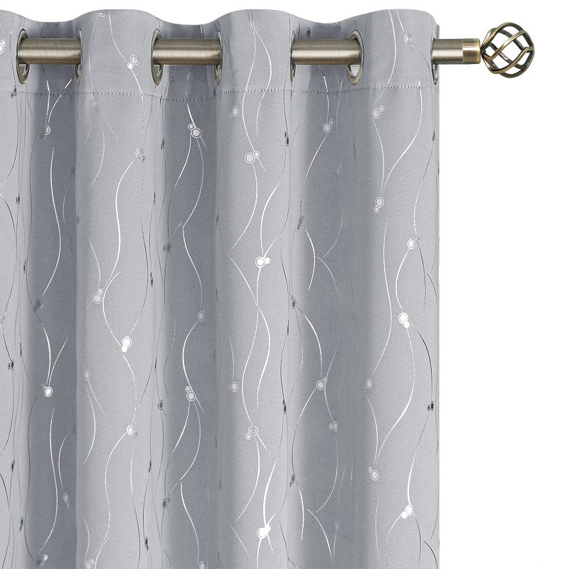 BGment Room Darkening Curtains 63 Inches Long  Grommet Thermal Insulated Blackout Curtains with Wave Line and Dots Printed for Bedroom  2 Panels  Each 52 x 63 Inch  Light Grey - Image 1