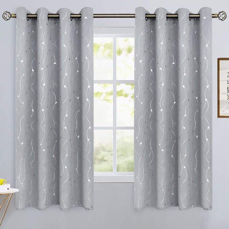 BGment Room Darkening Curtains 63 Inches Long  Grommet Thermal Insulated Blackout Curtains with Wave Line and Dots Printed for Bedroom  2 Panels  Each 52 x 63 Inch  Light Grey - Image 2