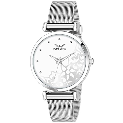 Louis Devin Silver Dial Mesh Steel Chain Analog Wrist Watch for Women | LD-L157-SLV-CH - Image 1