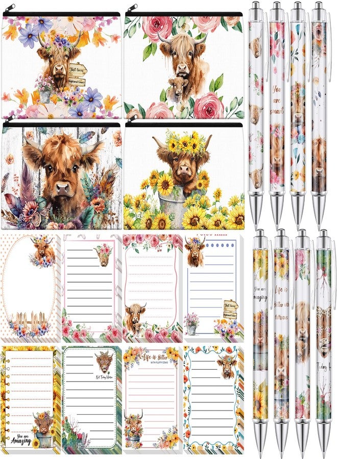 Eaasty 20 Pieces Highland Cow Gift Set Sticky Notes with Pens, Pencil Bags Makeup Bags Animal Lover Gift, 3 x 4 Inches Cute Note Pads, Funny 1.0 mm Ballpoint Pens, Office Supplies for Women - Image 1
