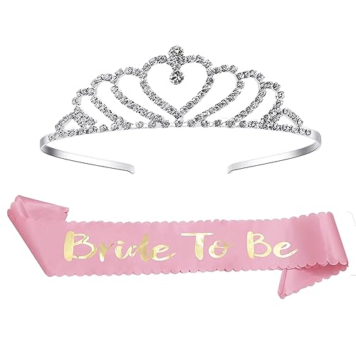 Curated Cart Pink Bride to Be Curved Satin Sash and Crystal Heart Shape Tiara Crown Combo - Elegant Bridal Accessory Set for Engagement Parties, Bridal Showers, and Weddings - Image 1