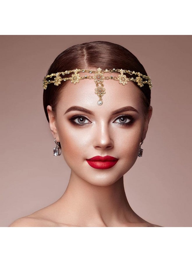 DanziX سلسلة إكليل زفاف من قطعتين مزينة بالزهور مجوهرات رأس قطع شعر كريستال لؤلؤ سلسلة رأس إكليل ملحقات شعر العروس (ذهبي فضي) - Image 5