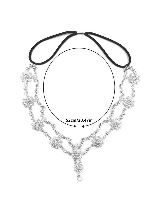 DanziX سلسلة إكليل زفاف من قطعتين مزينة بالزهور مجوهرات رأس قطع شعر كريستال لؤلؤ سلسلة رأس إكليل ملحقات شعر العروس (ذهبي فضي) - Image 4